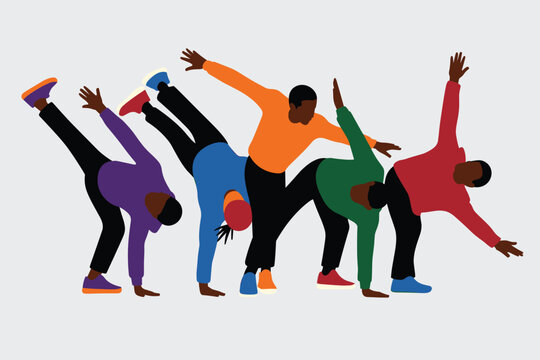 Group of diverse young men dancing breakdance or hip hop, performing dynamic moves in a row, flat vector illustration