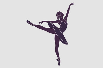 Silhouette of a graceful ballerina dancing in a ballet pose on a light grey background © Foysal