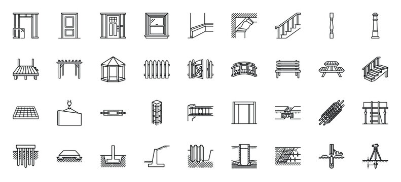 Architectural construction line icons set, building interior and exterior elements collection, vector symbols of doors windows stairs and structural engineering details