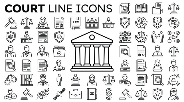 Set of court and law line icons, legal symbols, justice, judge, gavel, scale