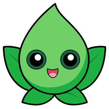 Smiling cute green leaf character with big eyes and happy expression vector illustration