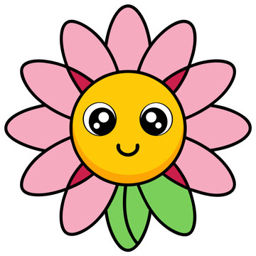 Smiling kawaii flower character with pink petals and cheerful face in flat vector illustration