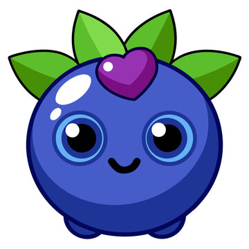 Smiling kawaii blueberry character with heart and leaves in flat vector illustration style