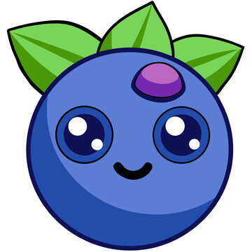 Smiling kawaii blueberry character with green leaves in flat vector illustration style