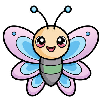 Cute smiling kawaii butterfly character with pastel wings and happy expression in vector illustration style