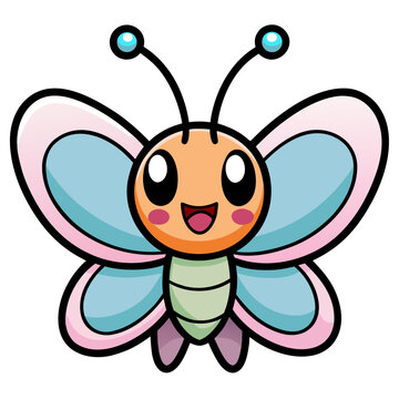Smiling kawaii butterfly character illustration with vibrant pastel wings and happy expression