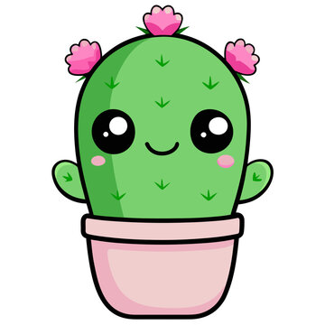 Smiling kawaii cactus character in pink pot with green leaves and pink flowers illustration