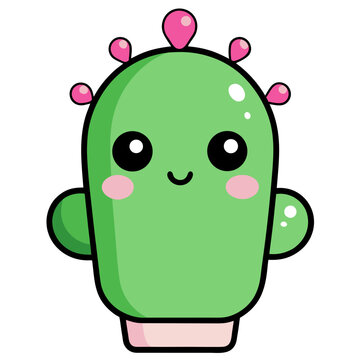 Smiling kawaii cactus character vector illustration in bright green with cheerful expression