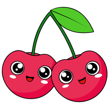 Cute smiling kawaii cherries with green leaves vector illustration flat design