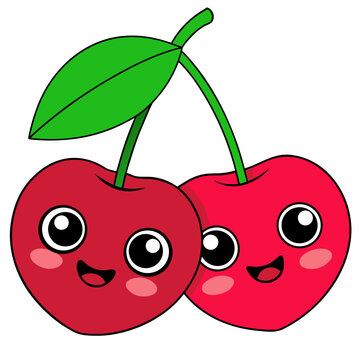 Cute smiling red cherries with green leaves cartoon vector illustration on white background