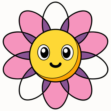 Smiling kawaii flower character with big eyes and pastel petals in playful vector illustration