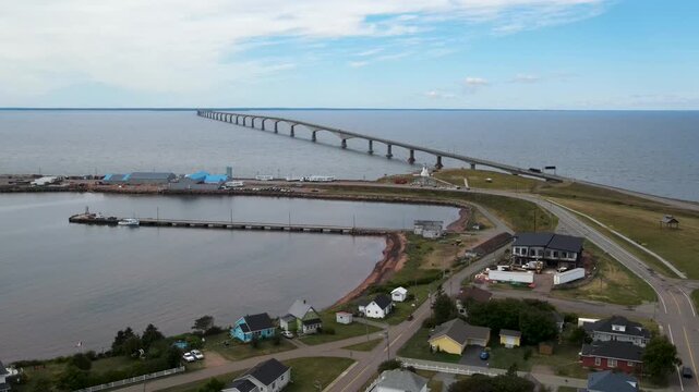 Aerial landscape of Confederation Bridge and coastal infrastructure in Prince Edward Island, Canada
