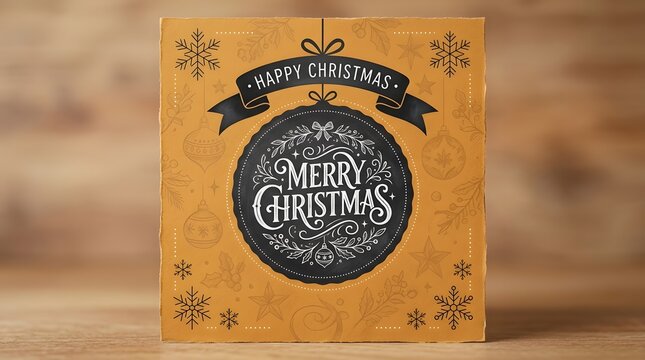 Merry christmas greeting card design with a festive gold background and decorative black ornament