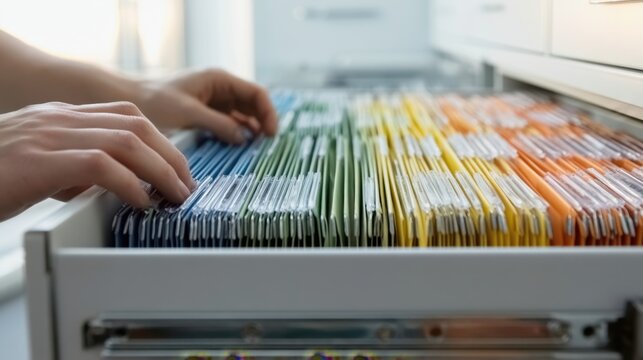 Person organizing color-coded paper files in a drawer for efficient document management and office filing system in a modern workspace environment