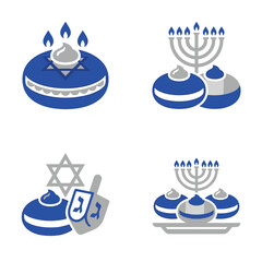 Fototapeta premium Set of Hanukkah holiday icons, menorah, sufganiyot doughnuts, dreidel, and Star of David, blue and silver festive symbols
