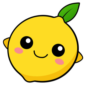 Smiling kawaii lemon character illustration with cheerful expression and green leaf
