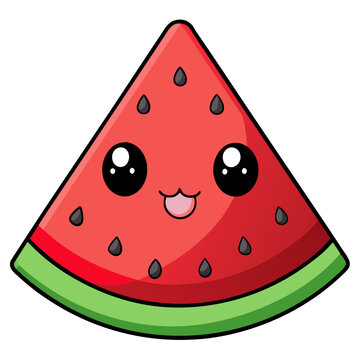 Cute smiling watermelon slice vector illustration with kawaii face and fresh green rind