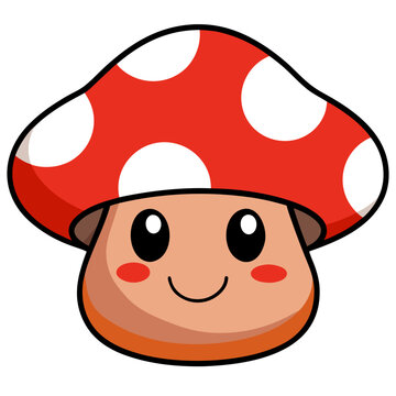 Cute smiling kawaii mushroom character with red cap in flat vector illustration style