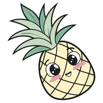Smiling kawaii pineapple character illustration with vibrant green leaves on white background