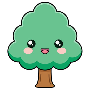 Smiling cute kawaii tree character with happy face in flat vector illustration style