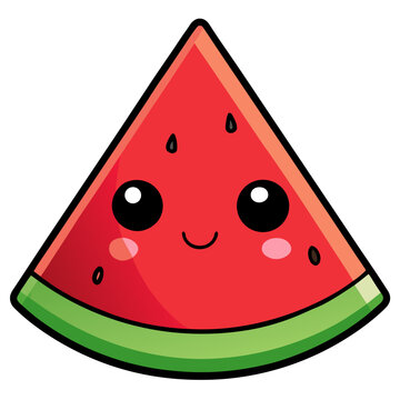 Cute kawaii watermelon slice character smiling with happy face on green rind background