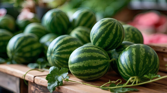 Fresh ripe watermelons with green leaves on wooden table in market. Summer harvest, healthy organic food, natural agriculture concept.