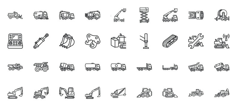 Heavy construction machinery icons, set of industrial vehicle line art vectors, excavator and truck equipment symbols for civil engineering and building site logistics