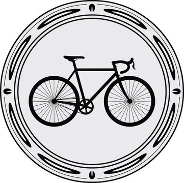 Black bicycle silhouette vector icon inside an abstract ornamental circular frame border isolated on a white background