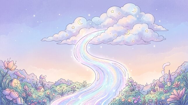 Surreal Waterfall Pouring Upward Into a Cloud, Whimsical Fantasy Illustration