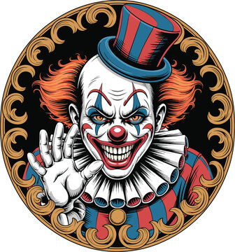 Creepy evil clown vector illustration with scary smile waving hand and striped top hat in vintage round frame