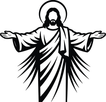 Black and White Jesus Christ with Open Arms Sacred Heart Style Vector Illustration Religious Christian Faith Symbol Design