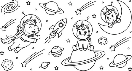 Cute astronaut unicorn cartoon collection with rockets, planets, shooting stars, moon, asteroids, and outer space fantasy outline vector illustration set © Mstferdoshi
