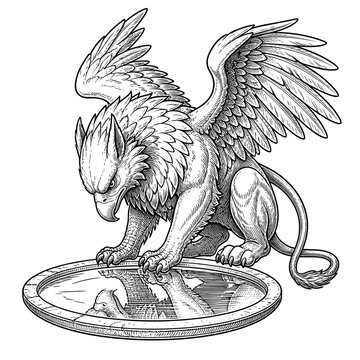 Winged Griffin Statue with Reflective Medallion.