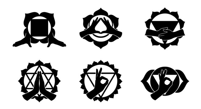 Sacred chakra mudra hand gestures set, spiritual yoga meditation symbols, black silhouette healing energy icons for mindfulness and wellness