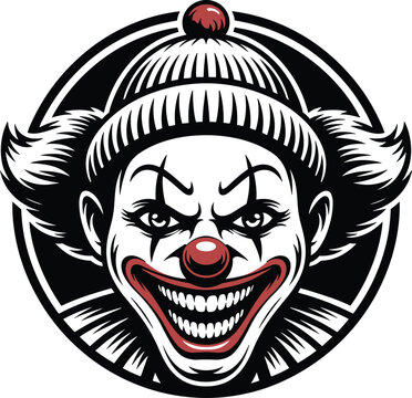 Scary evil clown vector illustration with creepy smile red nose and winter beanie hat inside circular black frame