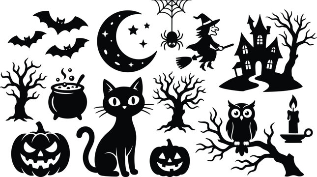 Halloween silhouette collection featuring a black cat witch on a broomstick haunted house pumpkins bats crescent moon spider web owl on a branch and a bubbling cauldron on a white background