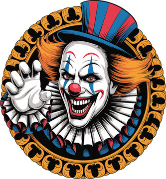 Spooky Halloween clown vector illustration featuring a creepy grinning character wearing a top hat inside an ornate gold frame