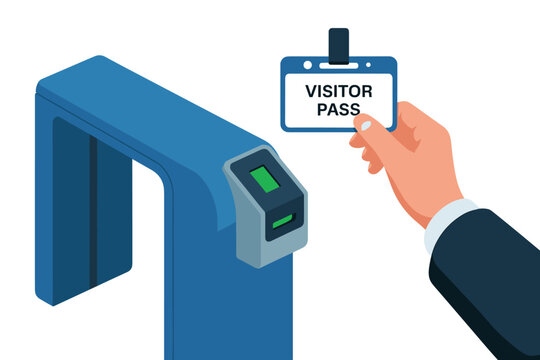 Hand holding a visitor pass near an electronic turnstile access control system