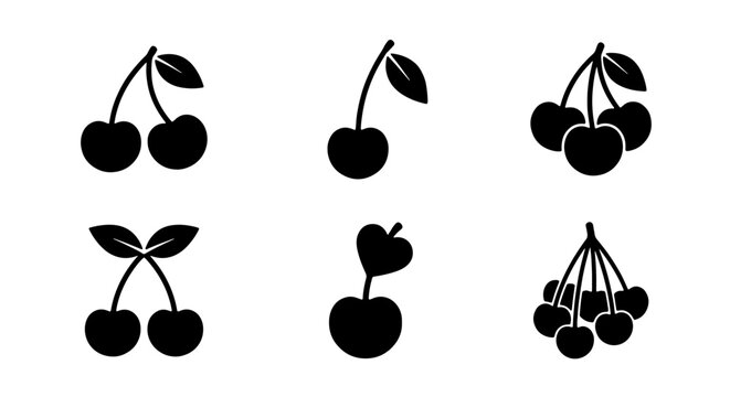 Minimalist cherry icon set, black silhouette fruit symbols with leaves, collection of 6 flat vector cherry illustrations for food branding and menu design