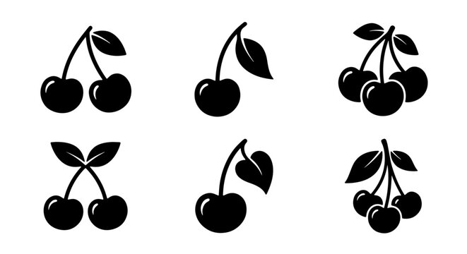 Minimalist cherry icon set, black silhouette fruit symbols with leaves, collection of 6 vector cherry illustrations for food branding and menu design