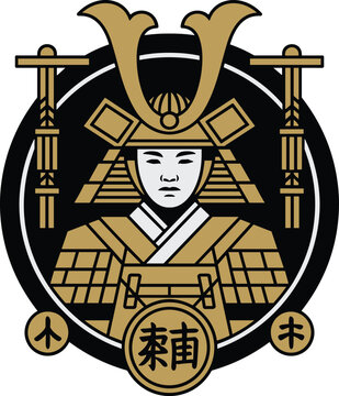 Traditional Japanese Samurai Warrior in Ornate Armor with Kabuto Helmet and Crest Vector Style Cultural Emblem Illustration