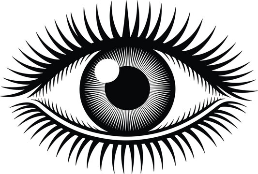 Stylized human eye vector illustration with long thick eyelashes and detailed iris line art black and white icon