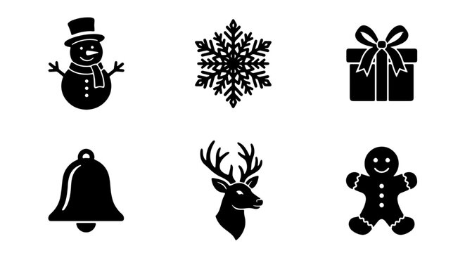Christmas icon set with black silhouettes, winter holiday symbols including snowman and reindeer, 6 vector elements for festive design