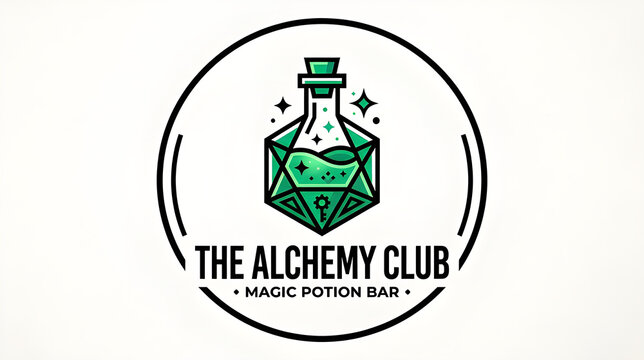 The Alchemy Club magic potion bar round logo emblem vector illustration