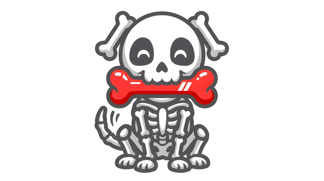 Cute cartoon dog skeleton character chewing a red bone vector illustration