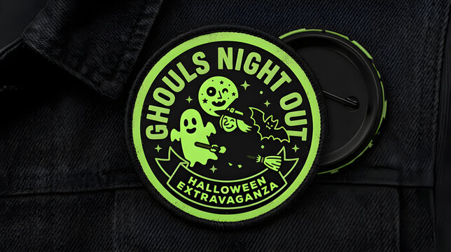 Ghouls Night Out neon green embroidered patch badge on denim jacket vector mockup