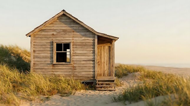A solitary decaying coastal hut sits amidst the golden sand dunes and swaying beach grass under a soft evening sky in this serene coastal landscape scene.