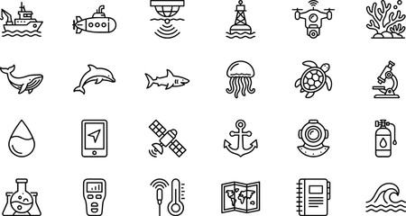 Marine biology vector icon set with deep sea ocean exploration submarines research vessels and coral reef black line art elements © mstmanju