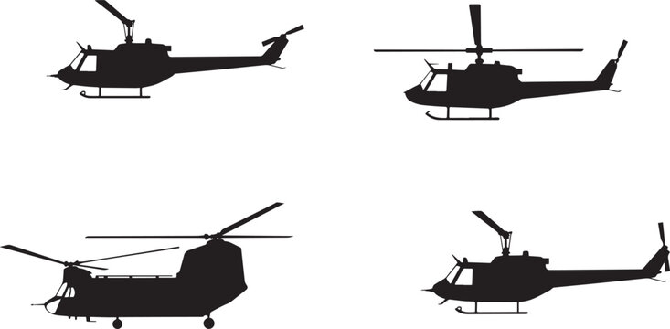 Military Helicopter Silhouette Collection Featuring Utility and Transport Aircraft, Aviation Defense Vector Illustration Isolated on White Background Design