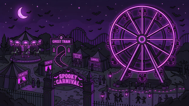 Spooky carnival haunted amusement park with pink neon ferris wheel vector illustration